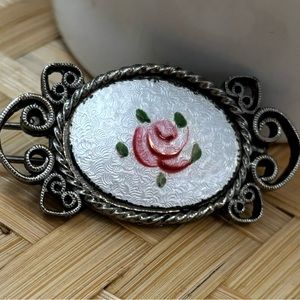 Vintage Hair Barrette Guilloche Enamel Pink White Rose Gold Metal Heart Filagree